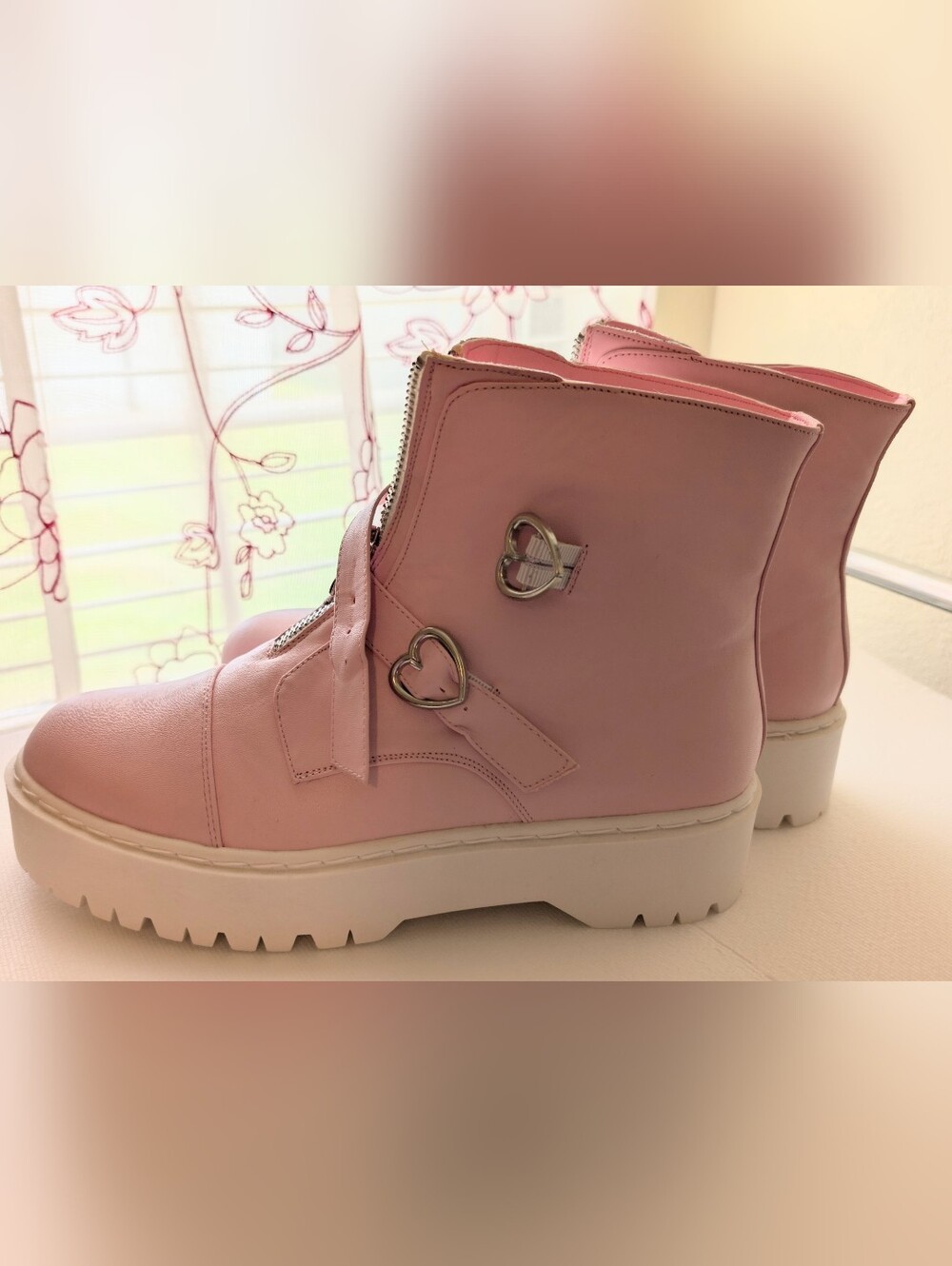Pink Women's Heart Buckle Platform Boots